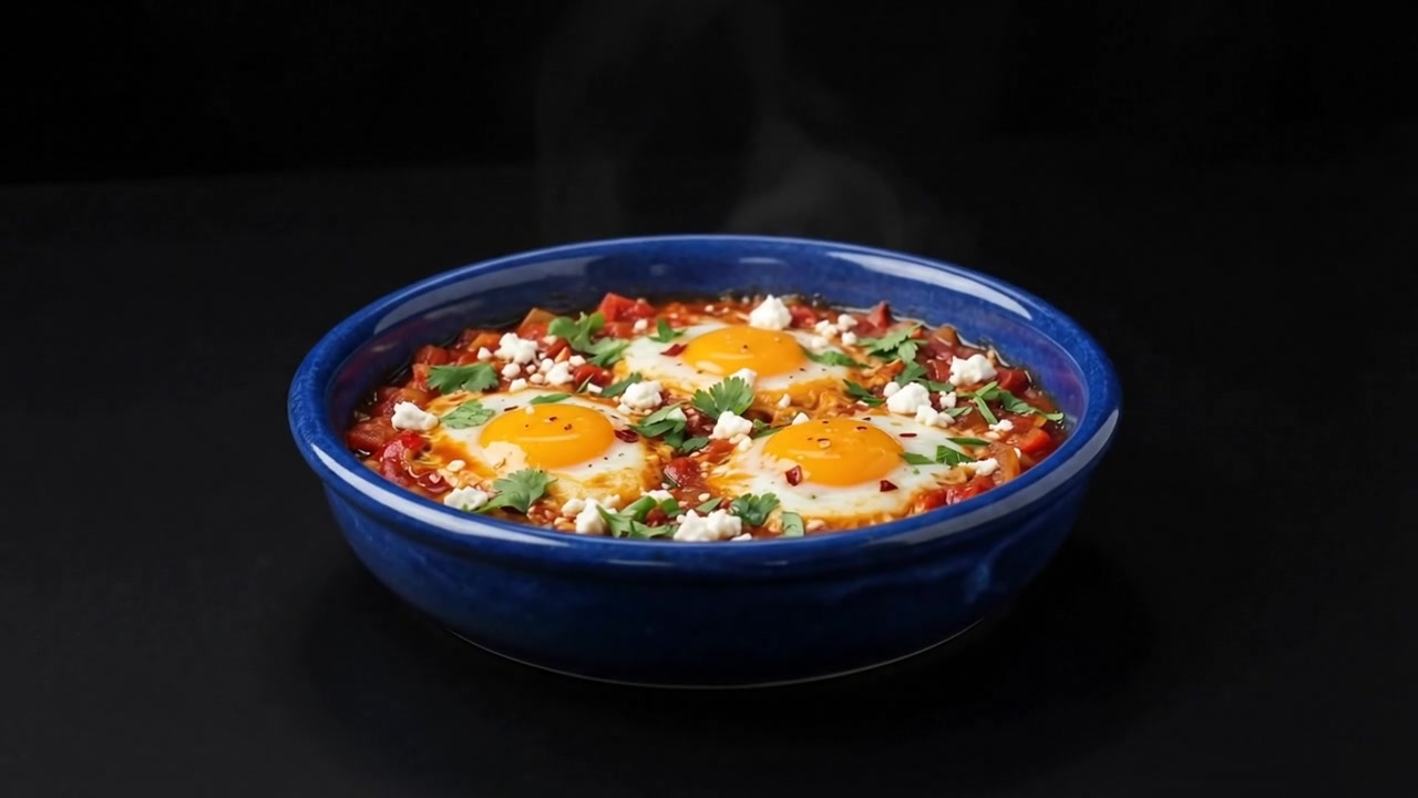 A steaming shakshuka in a cobalt cazuela